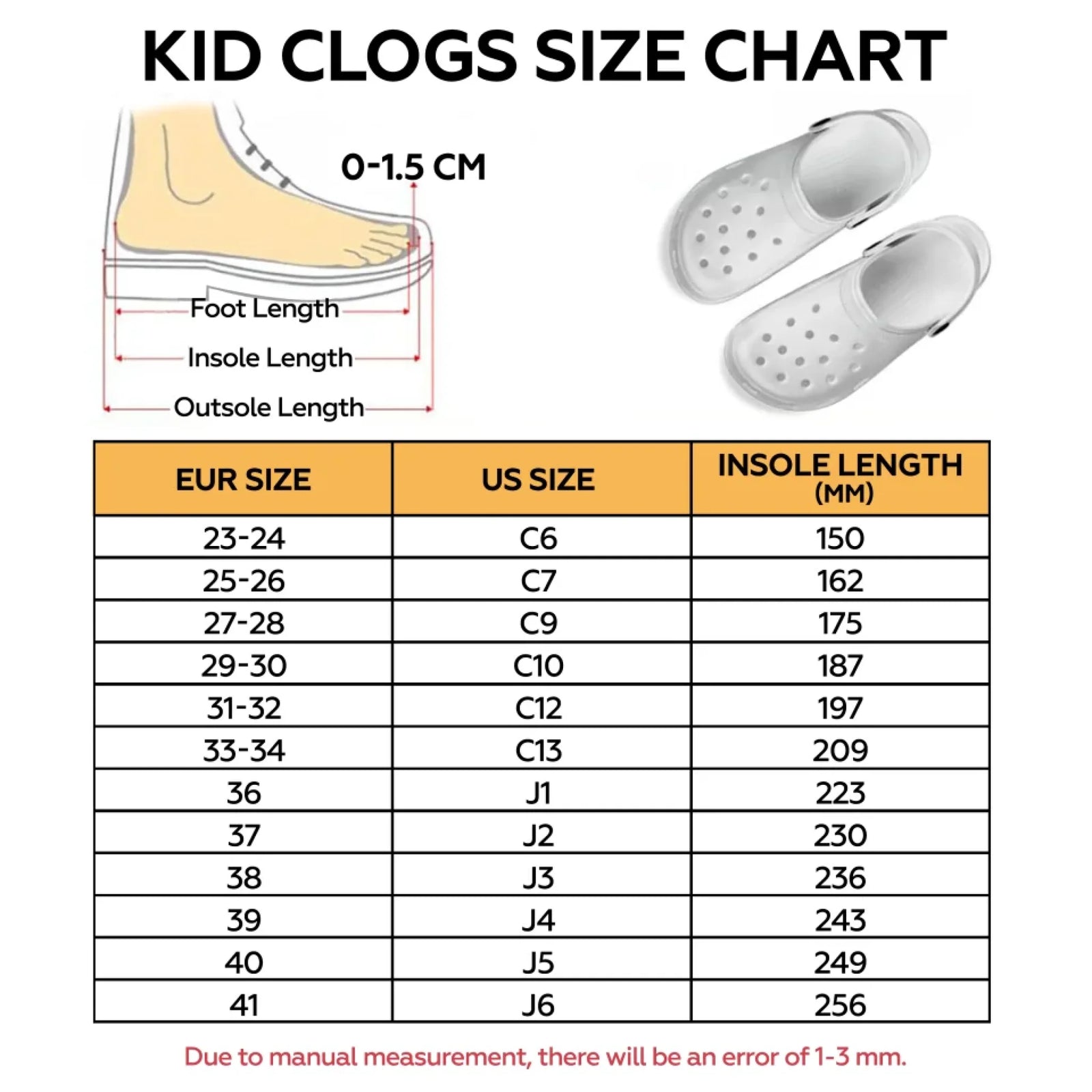 Kid Clogs SIze Chart